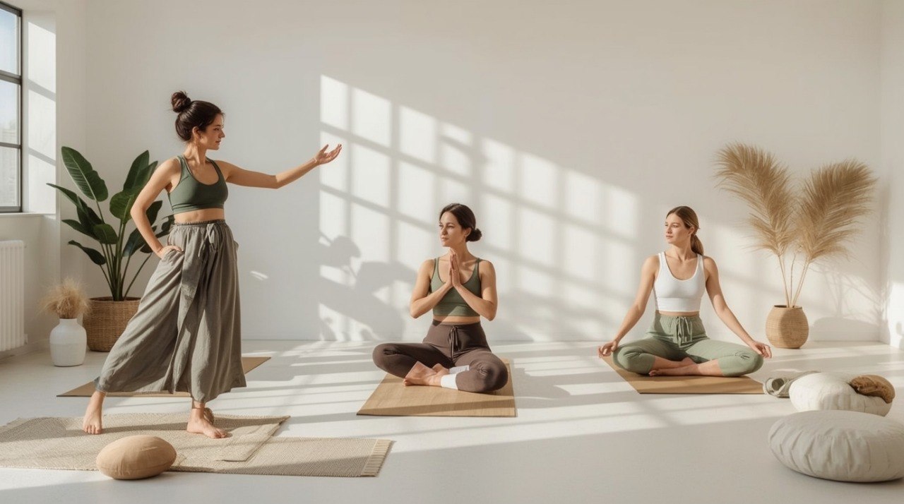 Three women practicing yoga in a bright, minimalistic room with plants and natural light.
