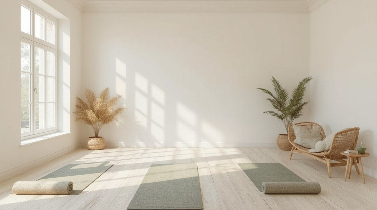 Spacious room with yoga mats on a wooden floor, plants, and a chair.