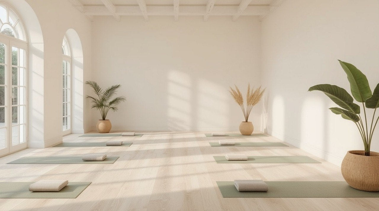 Spacious room with yoga mats and plants in a minimalistic setting