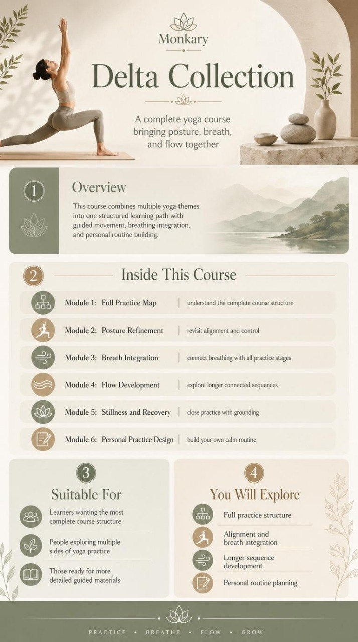 Yoga course overview for the Delta Collection by Monkary with a woman practicing yoga.