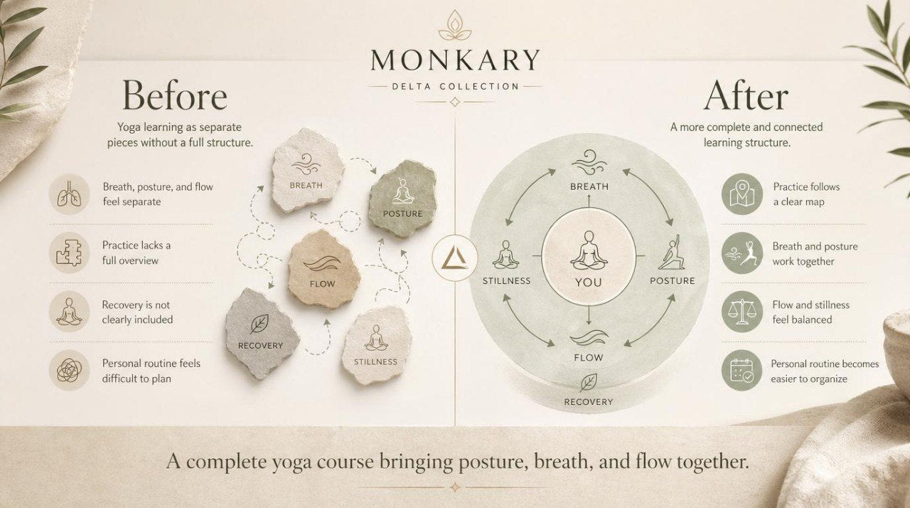 Diagram comparing 'Before' and 'After' designs of a yoga course by Monkary, focusing on posture, breath, and flow.