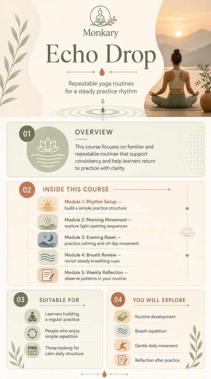 Monkary Echo Drop yoga course overview with a woman in meditation pose and mountain background.