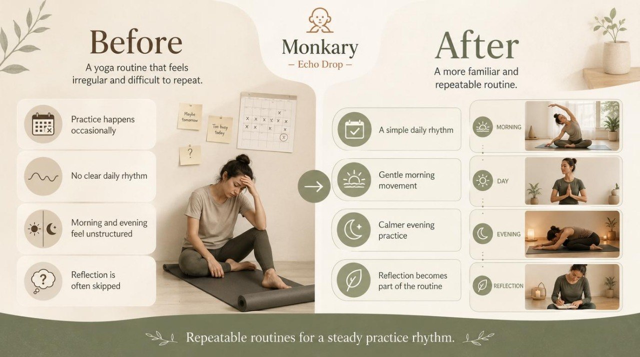 Comparison of a yoga routine before and after using Monkary, showing a woman practicing yoga and a more structured routine.