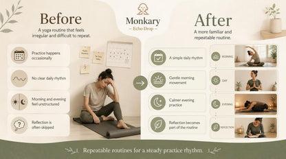 Comparison of a yoga routine before and after using Monkary, showing a woman practicing yoga and a more structured routine.