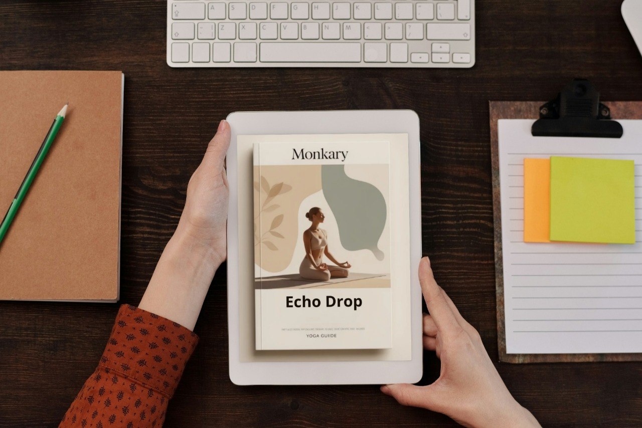 Person holding a tablet with 'Monikary Echo Drop' on a desk with a keyboard and stationery items.