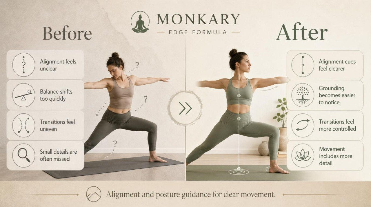 Before and after comparison of a woman practicing yoga with Monkary Edge Formula text overlay.
