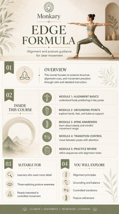 Monkary Edge Formula course overview with a woman in yoga pose and nature-themed design.