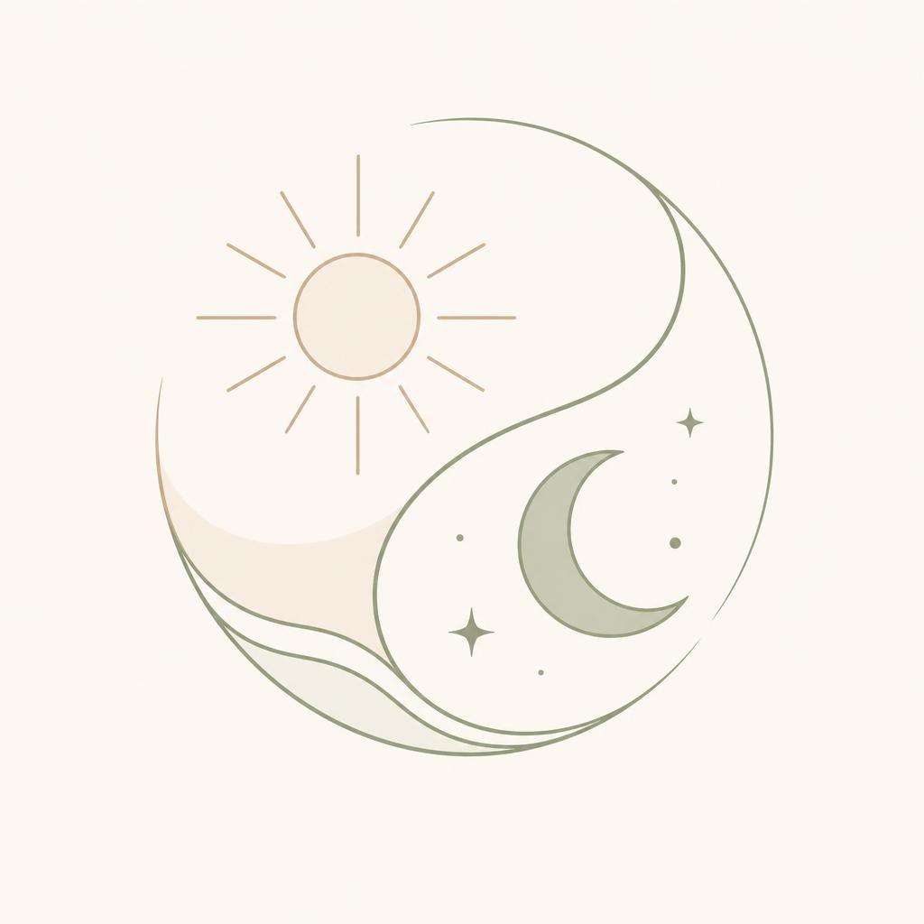 Yin yang symbol with sun and moon on a light beige background