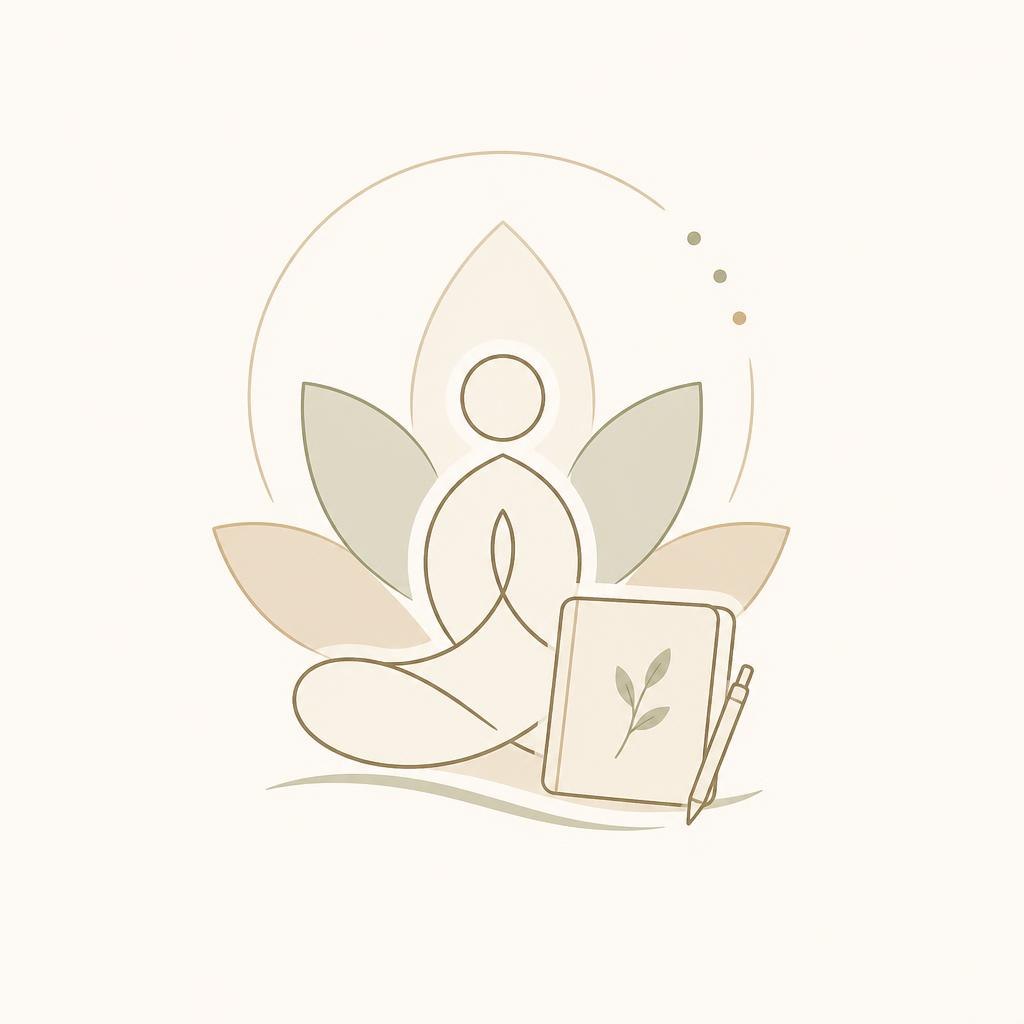 Minimalist illustration of a person in meditation with leaves and a notebook on a light background