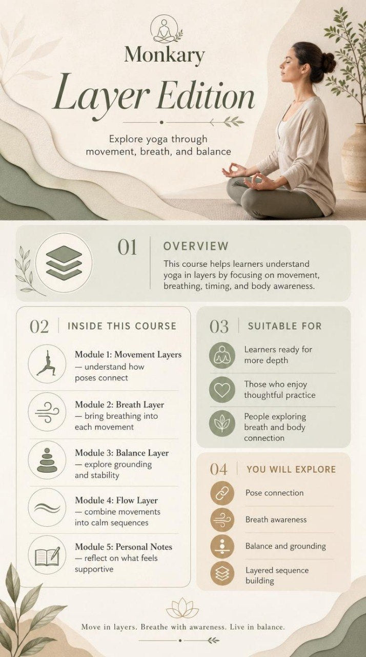 Monkary Layer Edition yoga course overview with a person meditating.