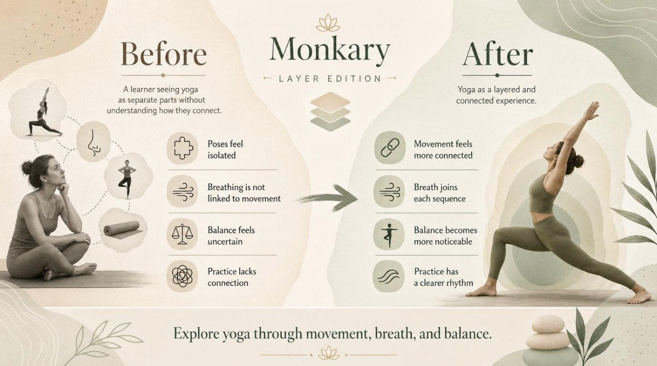 Yoga infographic before and after using Monkary Layer Edition with a woman practicing yoga.