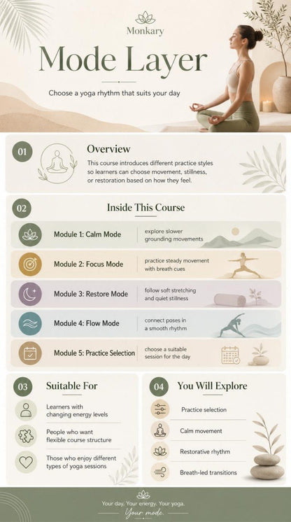 Yoga course outline titled 'Mode Layer' with modules and benefits on a beige background.