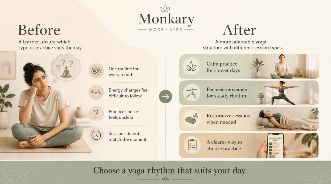 Monkary app interface showing a before and after scenario with a woman choosing yoga practice.