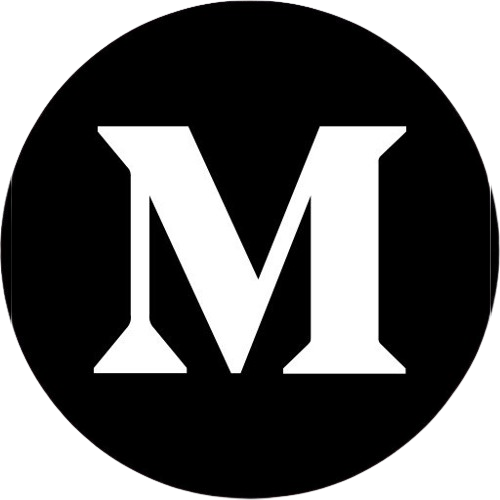 Black circle with a white 'M' in the center