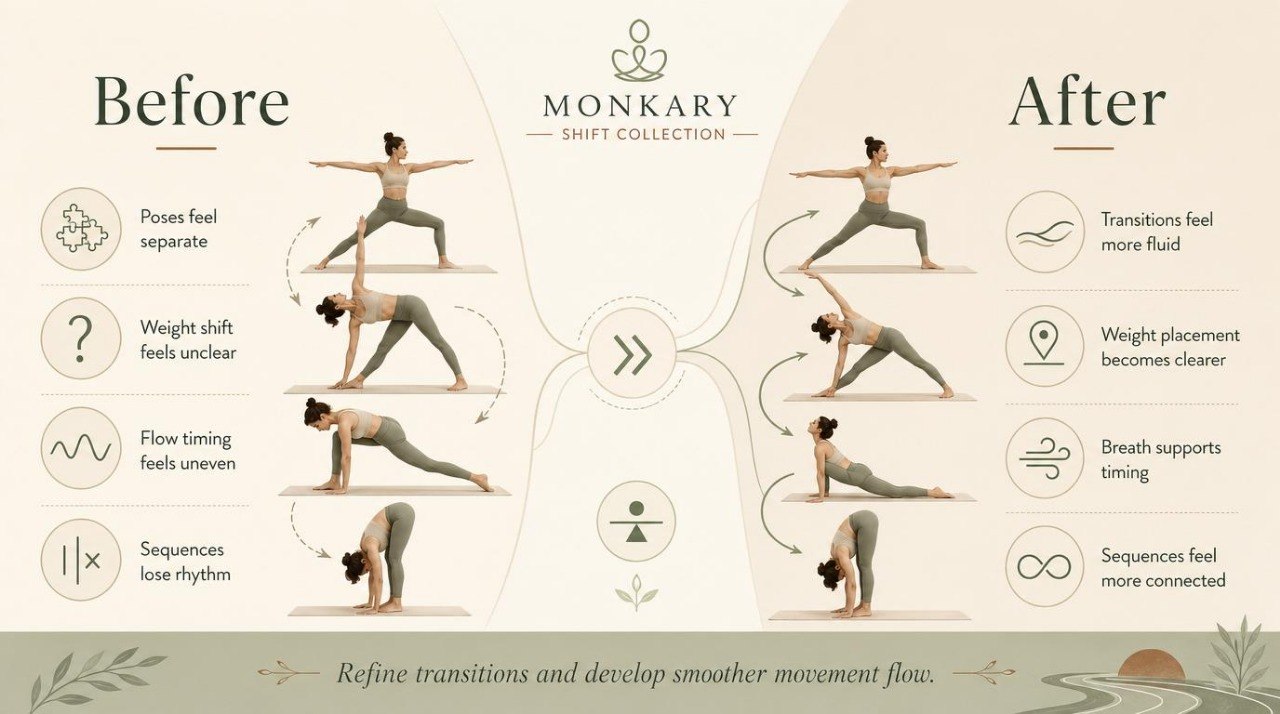 Yoga practice before and after using the Monkary Shift Collection, showing improved flow and alignment.