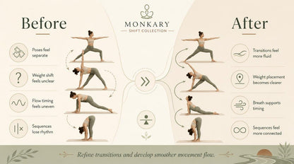 Yoga practice before and after using the Monkary Shift Collection, showing improved flow and alignment.