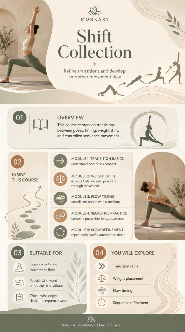 Yoga course flyer for 'Shift Collection' by Monksary with yoga poses and text.