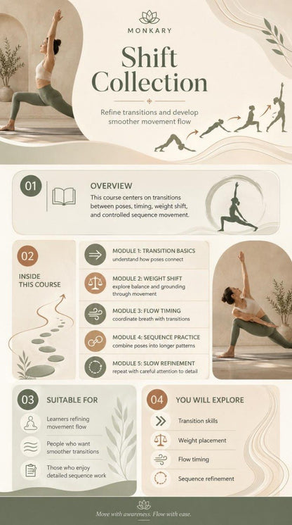 Yoga course flyer for 'Shift Collection' by Monksary with yoga poses and text.