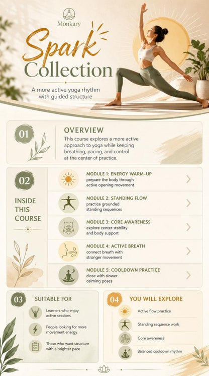 Yoga course overview with a woman practicing yoga, titled 'Spark Collection' by Monksery.