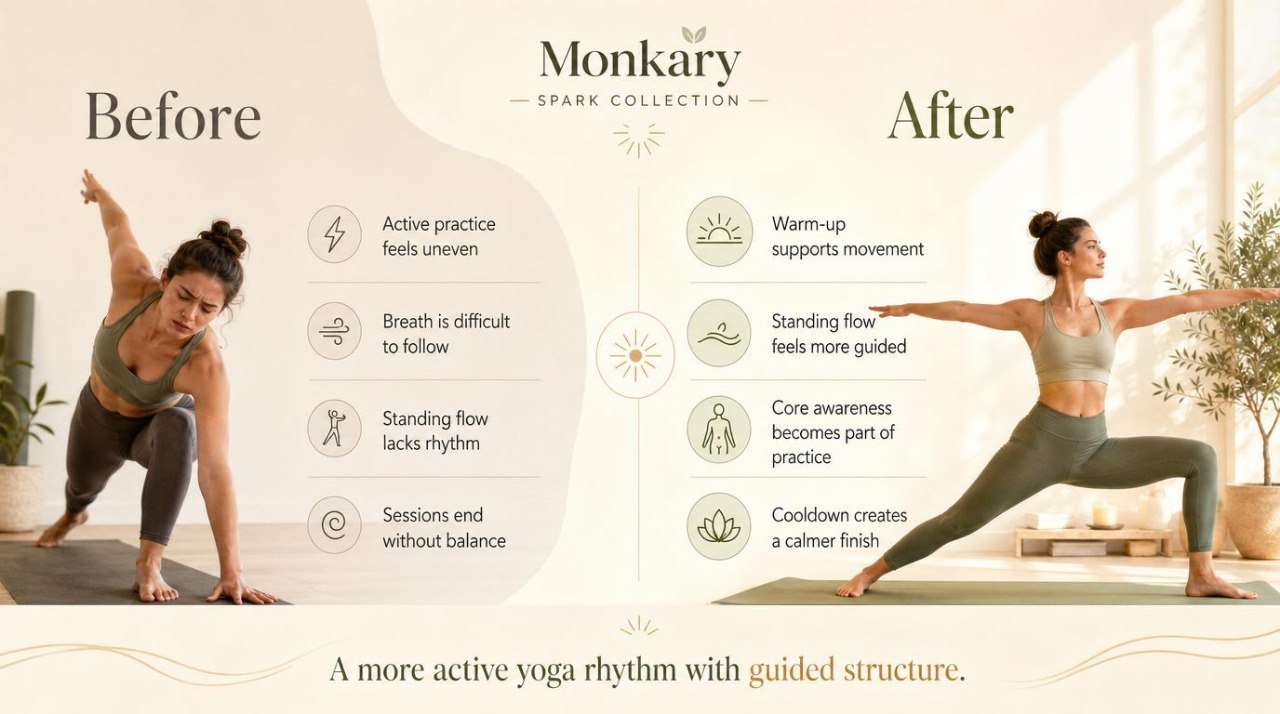 Yoga practice comparison chart titled 'Before' and 'After' with a woman in a green sports bra and gray leggings performing a yoga pose.