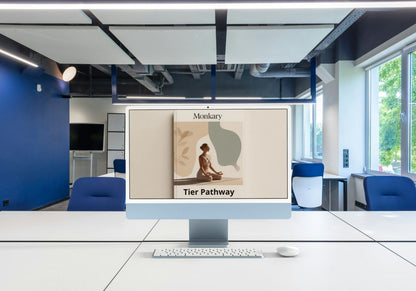 Modern office space with a computer monitor displaying a magazine cover.