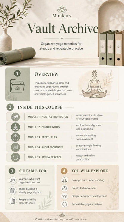 Yoga course flyer with text and icons on a beige background
