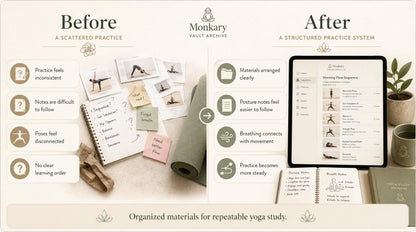 Comparison of a scattered practice system to Monkary's structured practice system with a tablet and yoga materials.